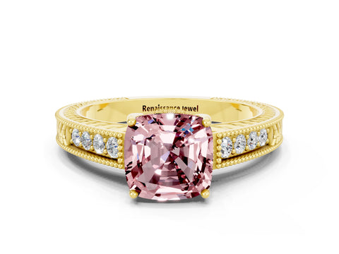 Yellow gold Cushion Cut Morganite Engagement Ring with Milgrain Channel Set Band and Prong Setting
