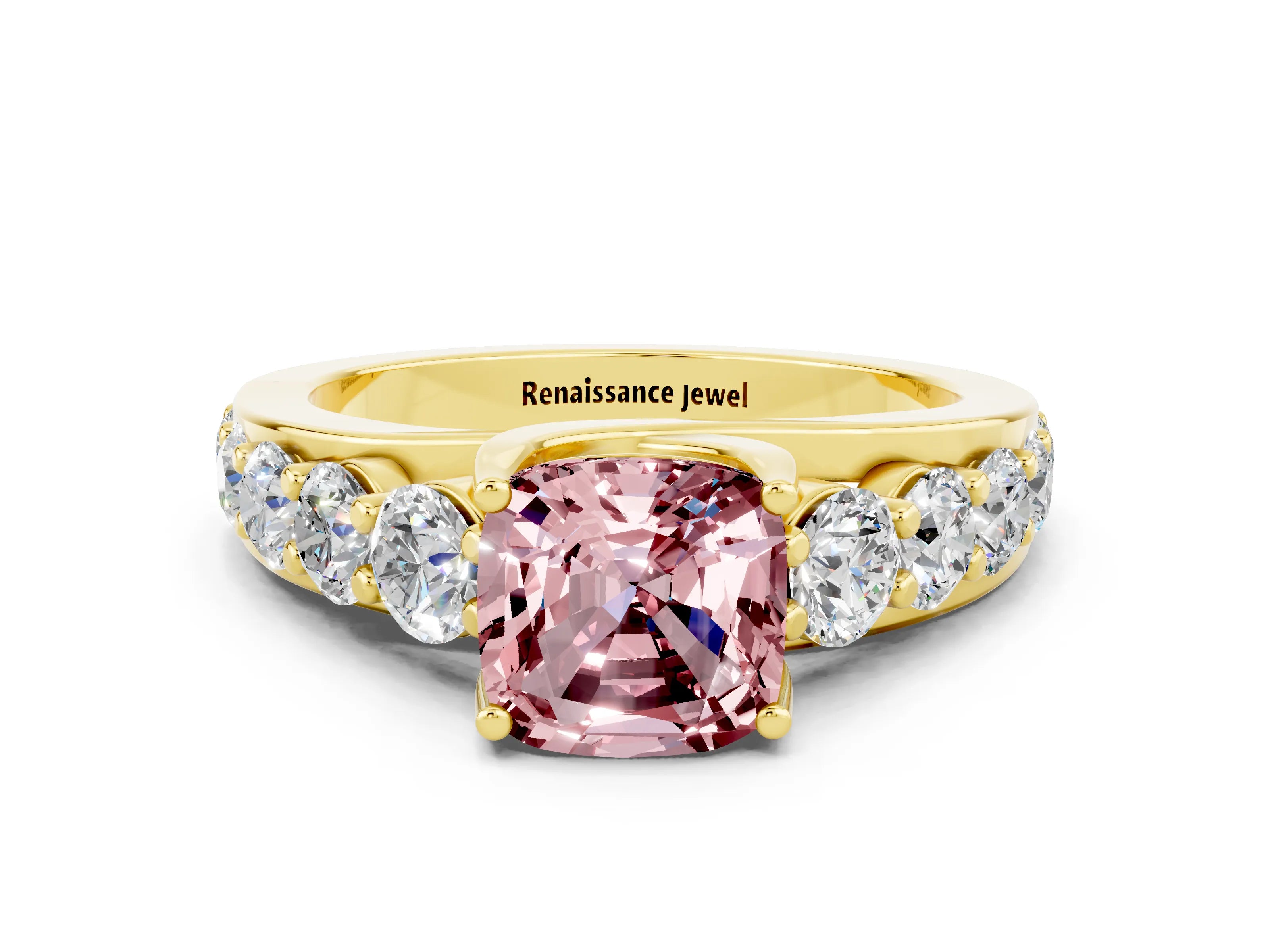 Yellow gold Cushion Cut Morganite Engagement Ring with Pavé Band and Four-Prong Setting