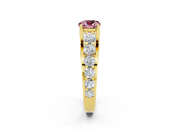 Yellow gold Cushion Cut Morganite Engagement Ring with Pavé Band and Four-Prong Setting