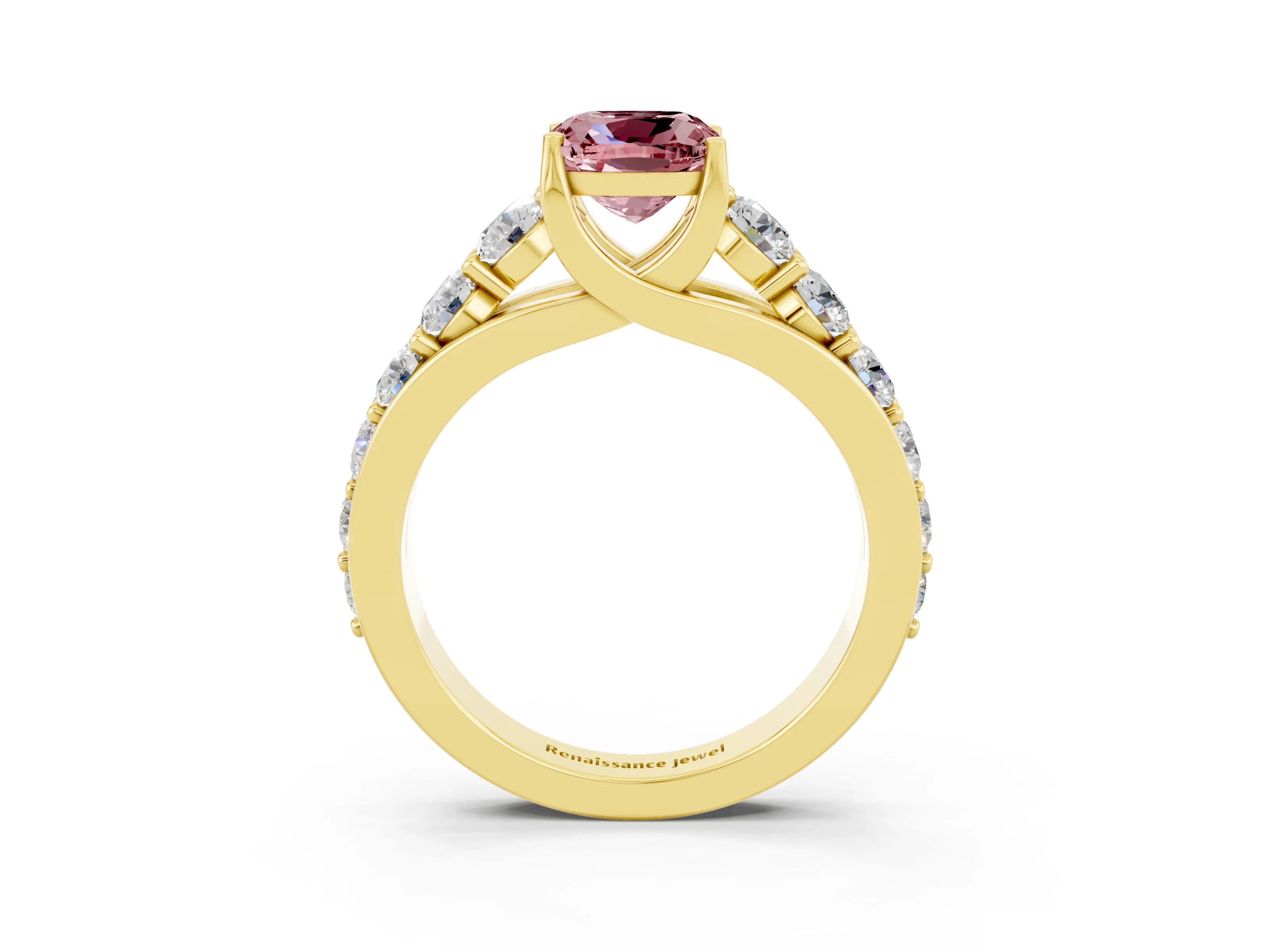 Yellow gold Cushion Cut Morganite Engagement Ring with Pavé Band and Four-Prong Setting_3