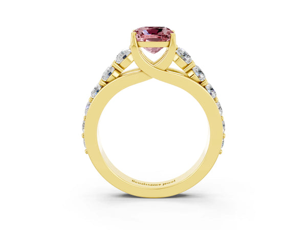 Yellow gold Cushion Cut Morganite Engagement Ring with Pavé Band and Four-Prong Setting