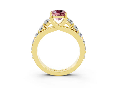 Yellow gold Cushion Cut Morganite Engagement Ring with Pavé Band and Four-Prong Setting_3