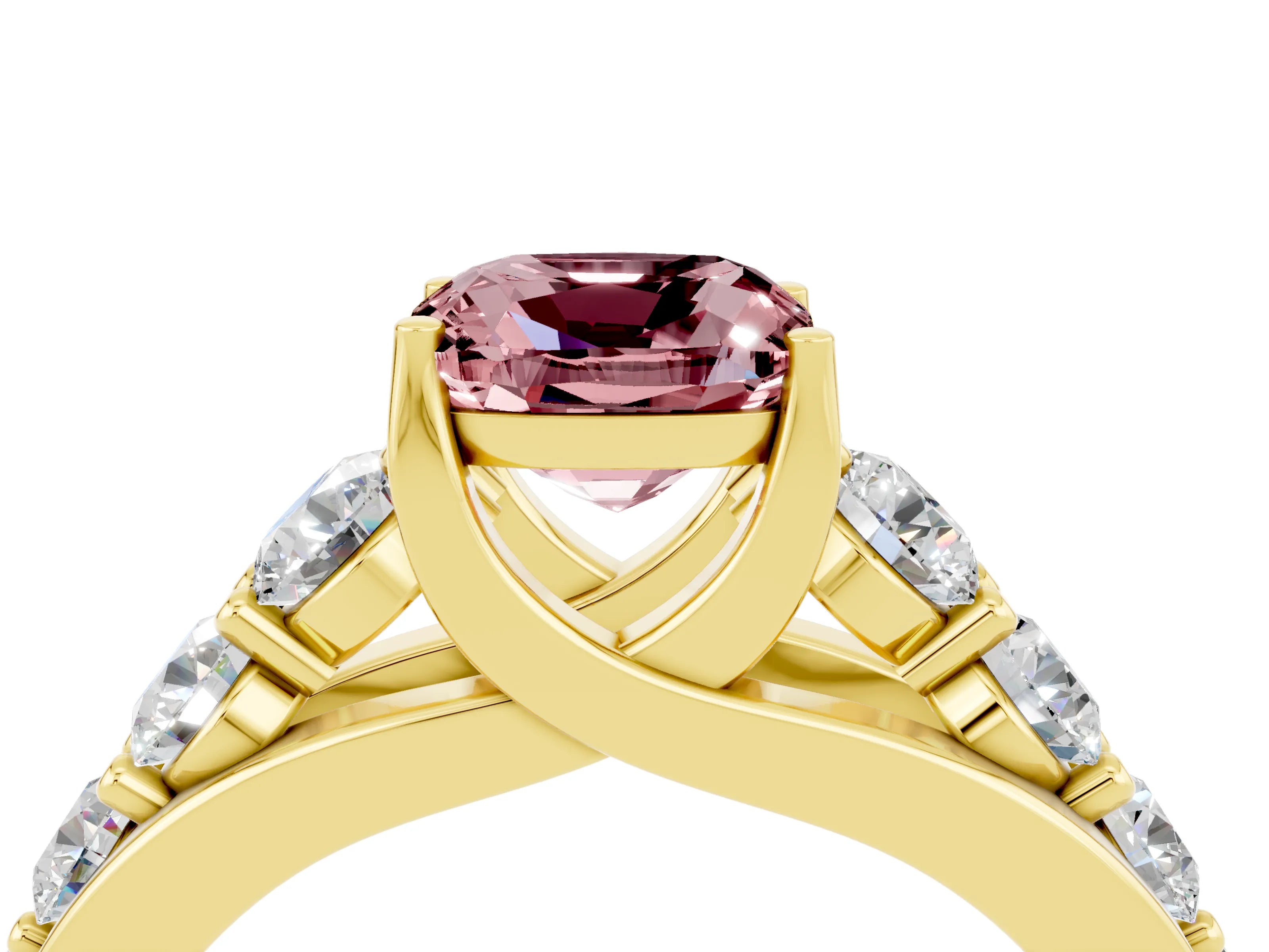 Yellow gold Cushion Cut Morganite Engagement Ring with Pavé Band and Four-Prong Setting_4