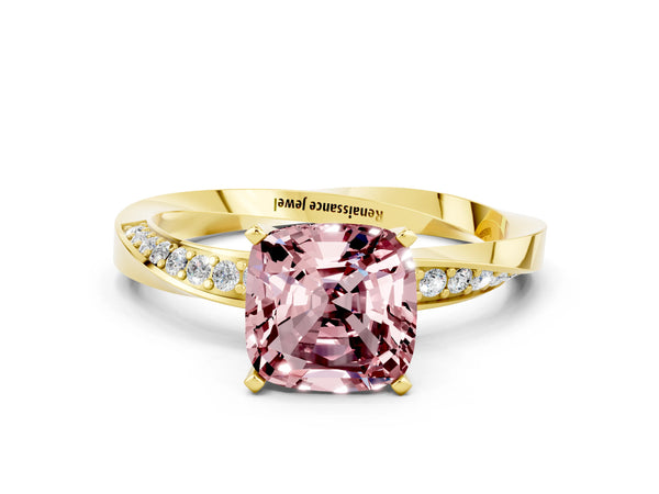 Yellow gold Cushion Cut Morganite Engagement Ring with Side Stone Accents and Four-Prong Setting