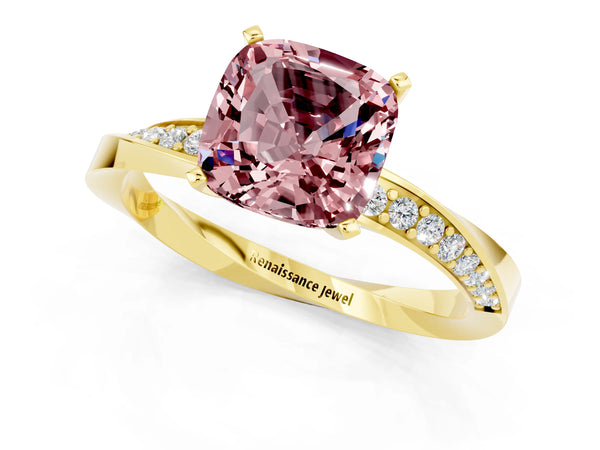 Yellow gold Cushion Cut Morganite Engagement Ring with Side Stone Accents and Four-Prong Setting