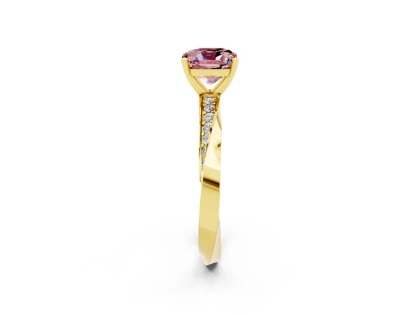 Yellow gold Cushion Cut Morganite Engagement Ring with Side Stone Accents and Four-Prong Setting