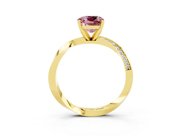 Yellow gold Cushion Cut Morganite Engagement Ring with Side Stone Accents and Four-Prong Setting