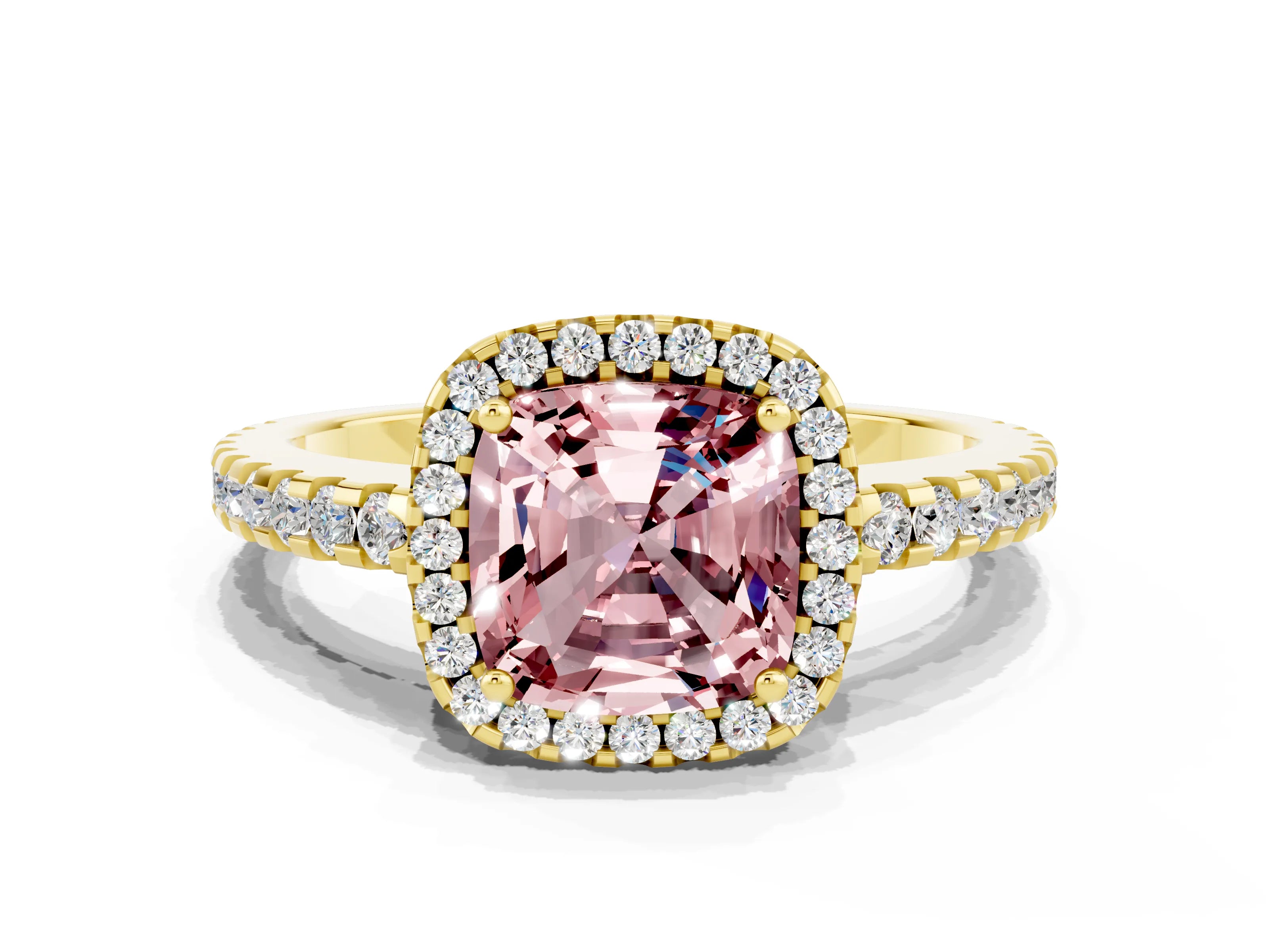 Yellow gold Cushion Cut Morganite Halo Engagement Ring with Pavé Band and Prong Setting_12