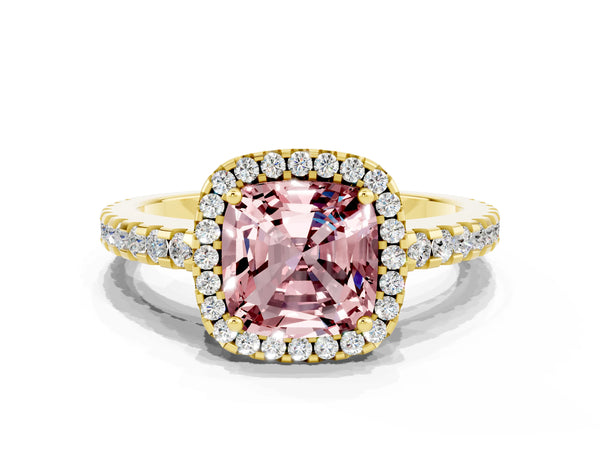 Yellow gold Cushion Cut Morganite Halo Engagement Ring with Pavé Band and Prong Setting