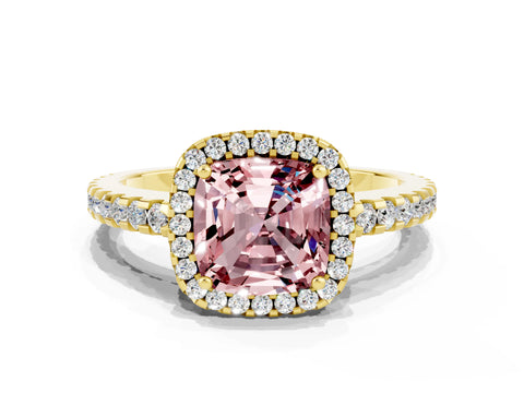 Yellow gold Cushion Cut Morganite Halo Engagement Ring with Pavé Band and Prong Setting_12