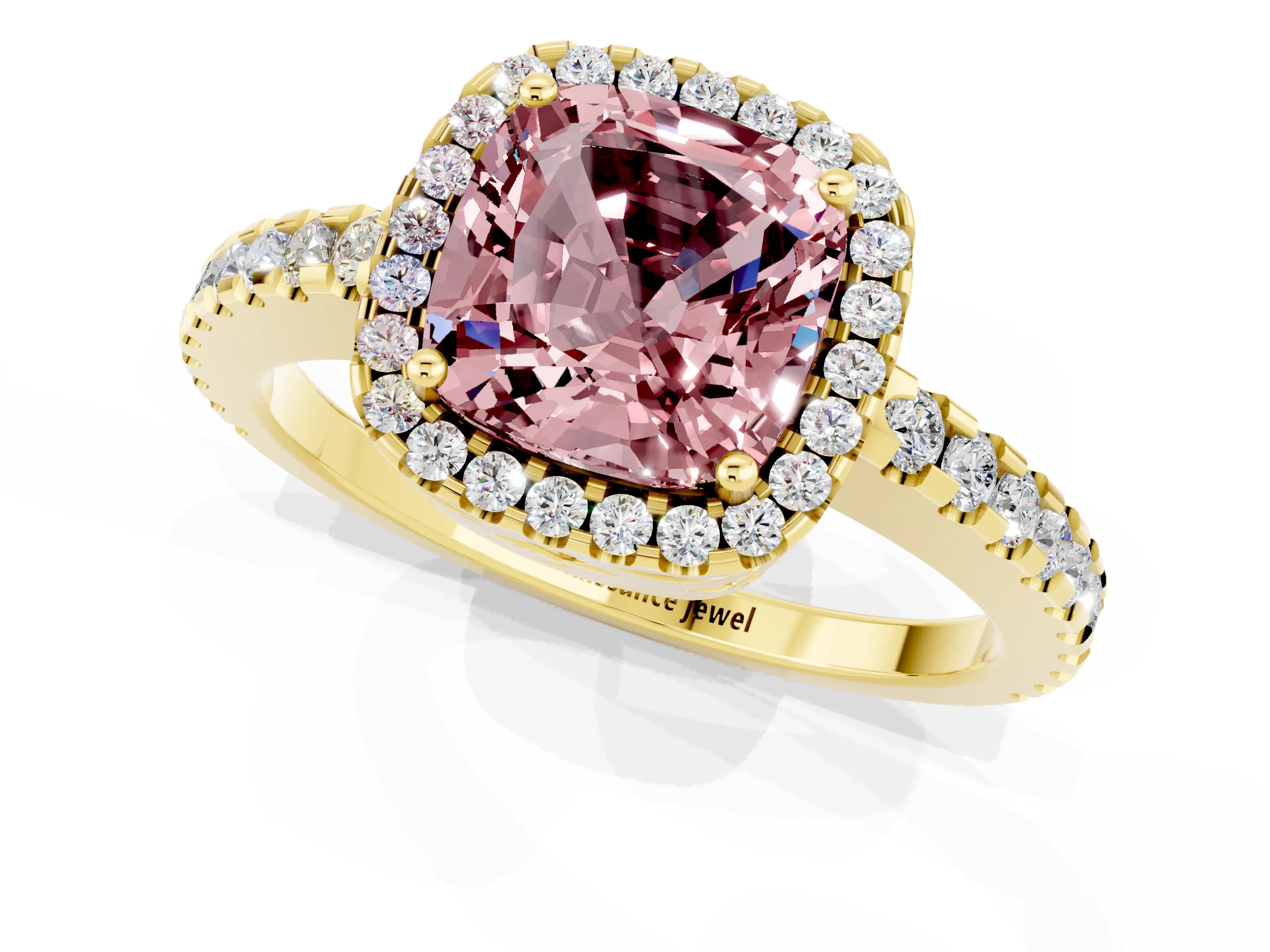Yellow gold Cushion Cut Morganite Halo Engagement Ring with Pavé Band and Prong Setting_13