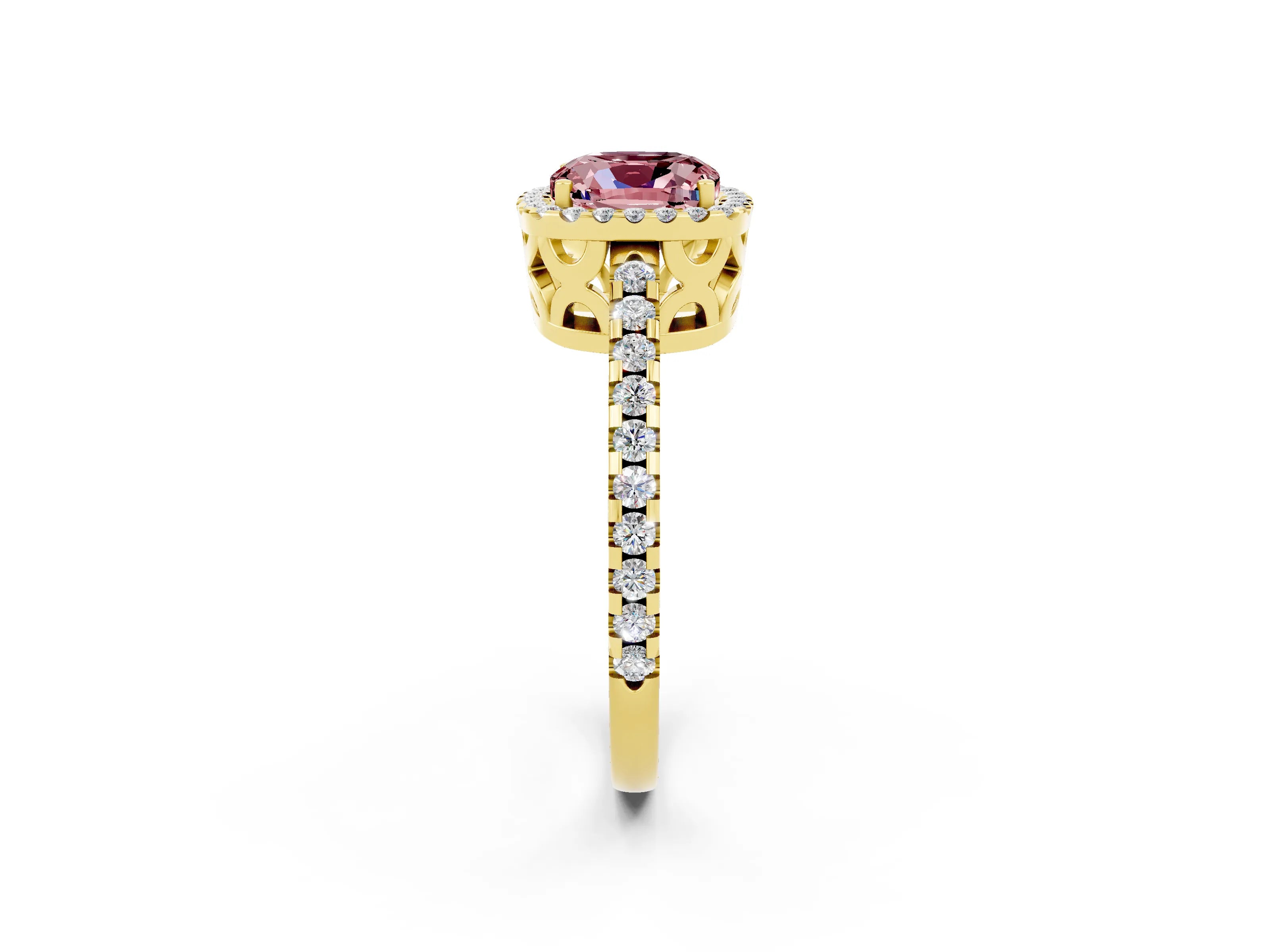 Yellow gold Cushion Cut Morganite Halo Engagement Ring with Pavé Band and Prong Setting_14