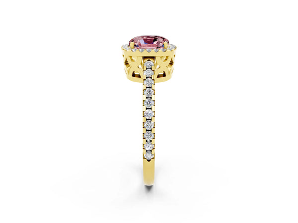 Yellow gold Cushion Cut Morganite Halo Engagement Ring with Pavé Band and Prong Setting