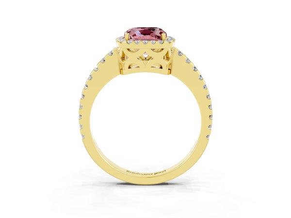 Yellow gold Cushion Cut Morganite Halo Engagement Ring with Pavé Band and Prong Setting