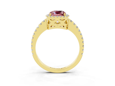 Yellow gold Cushion Cut Morganite Halo Engagement Ring with Pavé Band and Prong Setting_15
