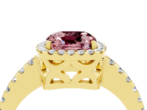 Yellow gold Cushion Cut Morganite Halo Engagement Ring with Pavé Band and Prong Setting_16