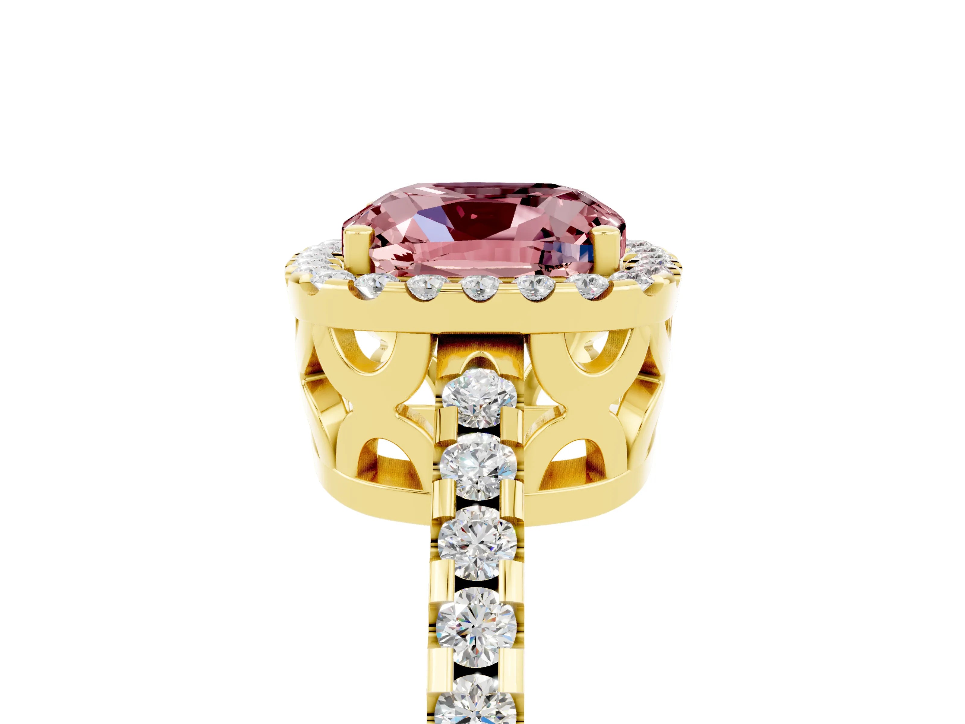 Yellow gold Cushion Cut Morganite Halo Engagement Ring with Pavé Band and Prong Setting_17