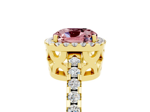 Yellow gold Cushion Cut Morganite Halo Engagement Ring with Pavé Band and Prong Setting_17