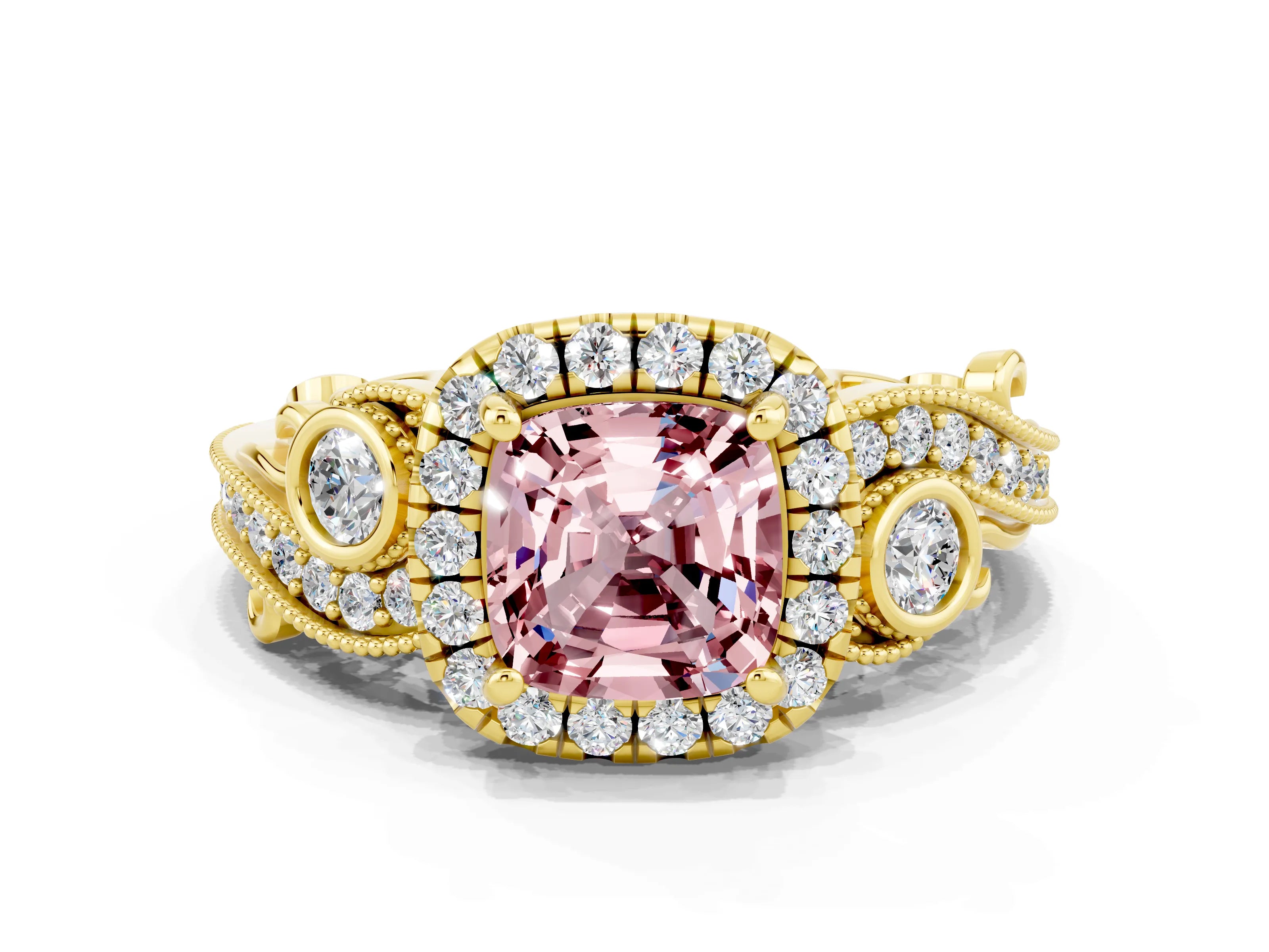 Yellow gold Cushion Cut Morganite Halo Ring with Milgrain Pavé Band and Four-Prong Setting_12