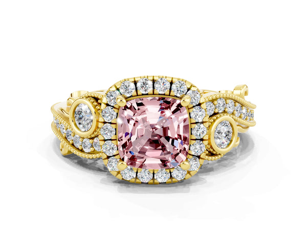 Yellow gold Cushion Cut Morganite Halo Ring with Milgrain Pavé Band and Four-Prong Setting