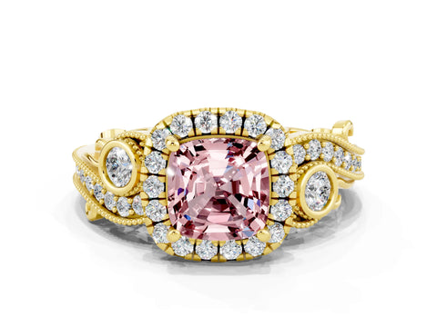 Yellow gold Cushion Cut Morganite Halo Ring with Milgrain Pavé Band and Four-Prong Setting_12