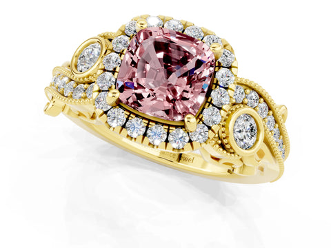 Yellow gold Cushion Cut Morganite Halo Ring with Milgrain Pavé Band and Four-Prong Setting_13