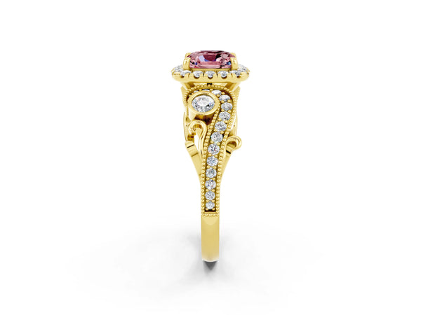 Yellow gold Cushion Cut Morganite Halo Ring with Milgrain Pavé Band and Four-Prong Setting