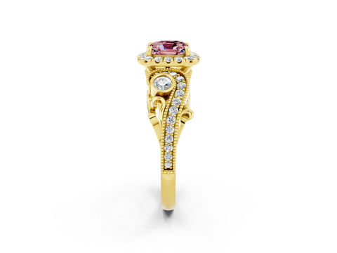 Yellow gold Cushion Cut Morganite Halo Ring with Milgrain Pavé Band and Four-Prong Setting_14