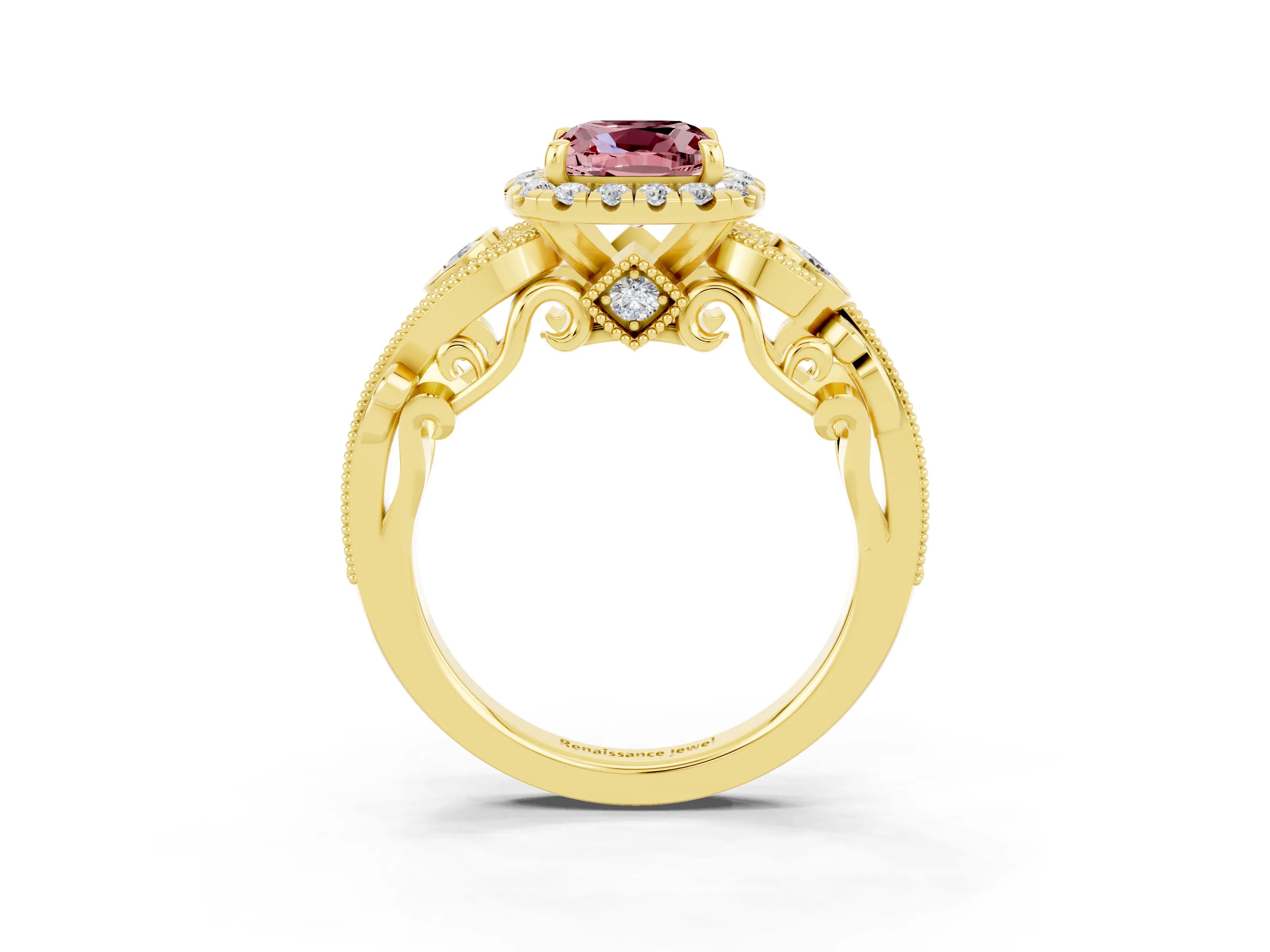 Yellow gold Cushion Cut Morganite Halo Ring with Milgrain Pavé Band and Four-Prong Setting_15