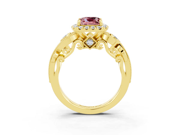 Yellow gold Cushion Cut Morganite Halo Ring with Milgrain Pavé Band and Four-Prong Setting