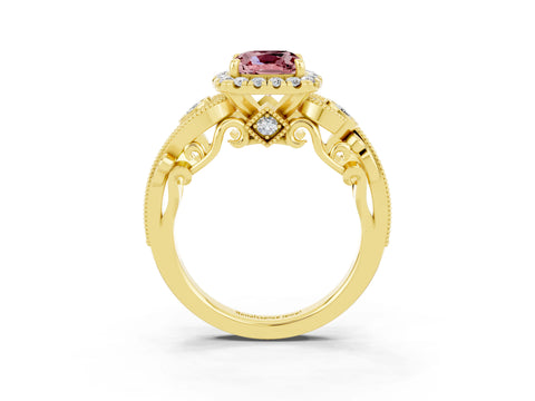 Yellow gold Cushion Cut Morganite Halo Ring with Milgrain Pavé Band and Four-Prong Setting_15