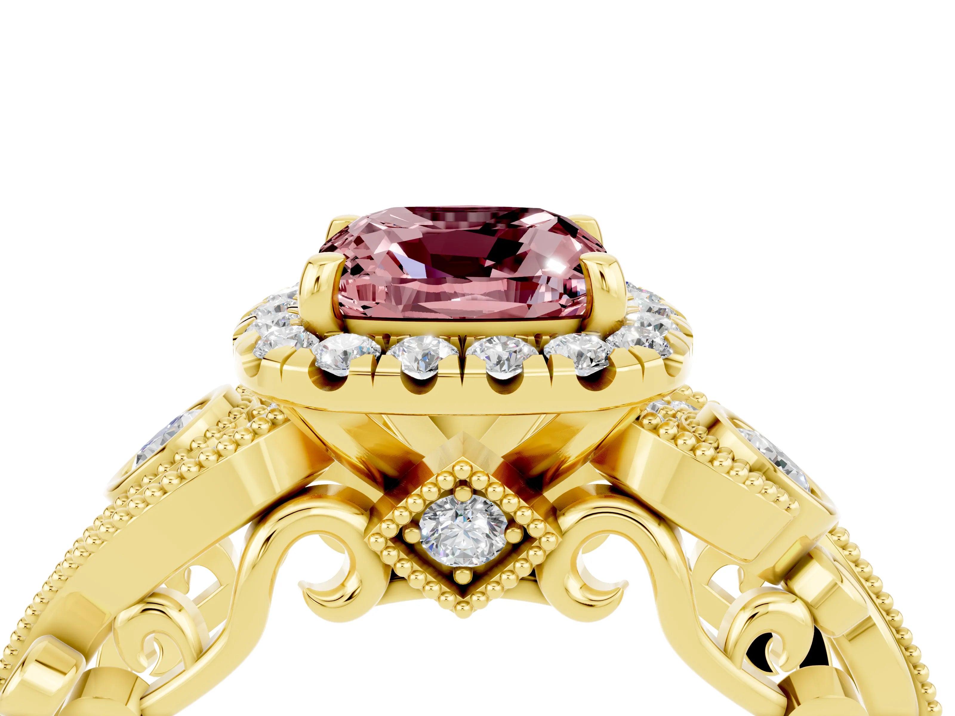 Yellow gold Cushion Cut Morganite Halo Ring with Milgrain Pavé Band and Four-Prong Setting_16