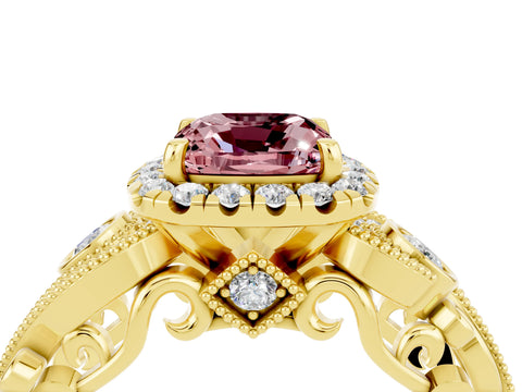 Yellow gold Cushion Cut Morganite Halo Ring with Milgrain Pavé Band and Four-Prong Setting_16