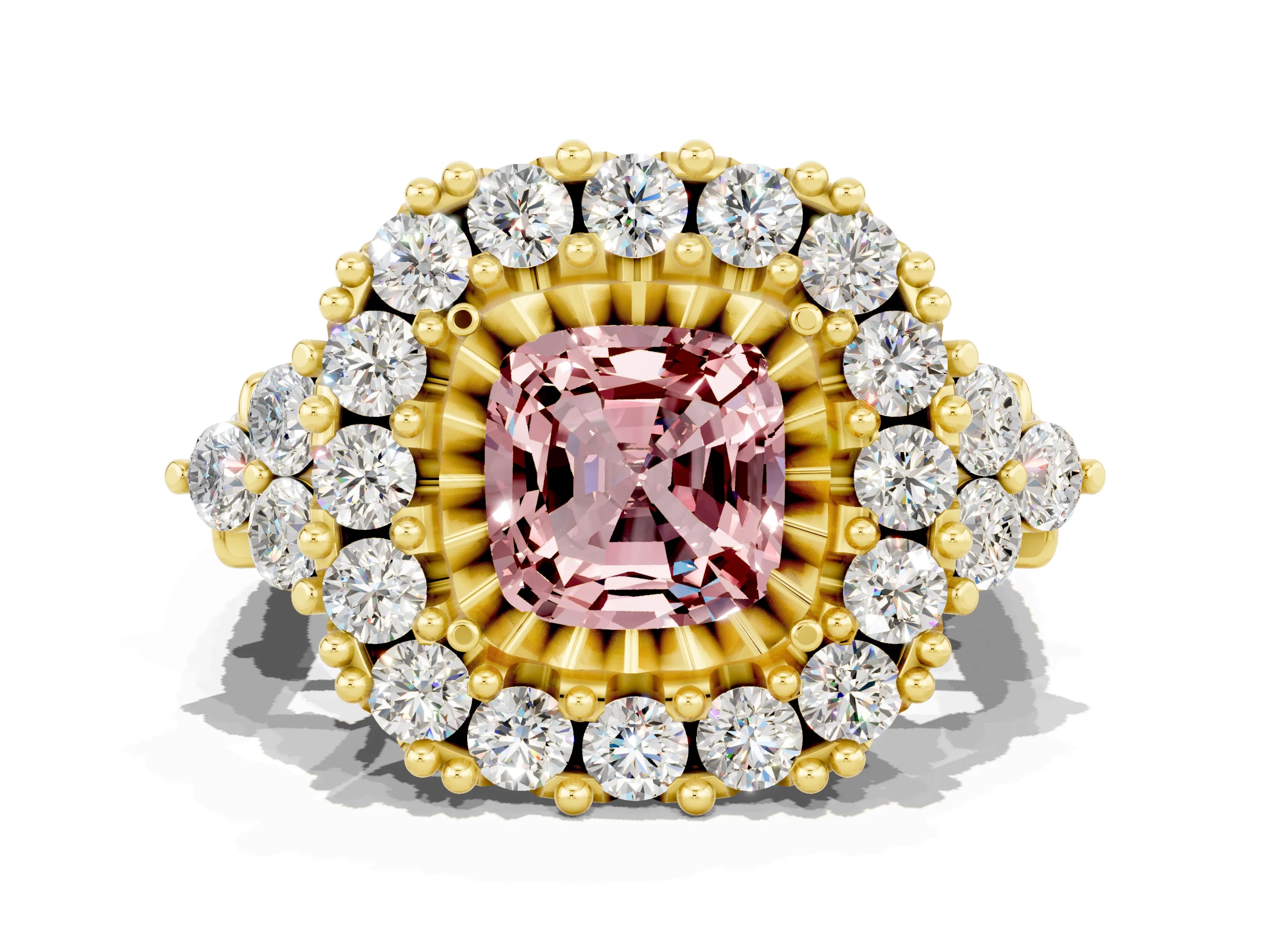Yellow gold Cushion Cut Morganite Halo Ring with Pavé Band and Four-Prong Setting_12
