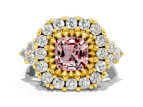 Yellow gold Cushion Cut Morganite Halo Ring with Pavé Band and Four-Prong Setting_12