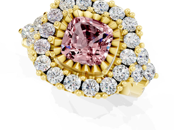 Yellow gold Cushion Cut Morganite Halo Ring with Pavé Band and Four-Prong Setting