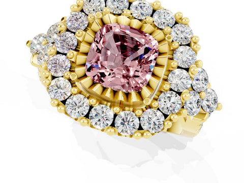 Yellow gold Cushion Cut Morganite Halo Ring with Pavé Band and Four-Prong Setting_13