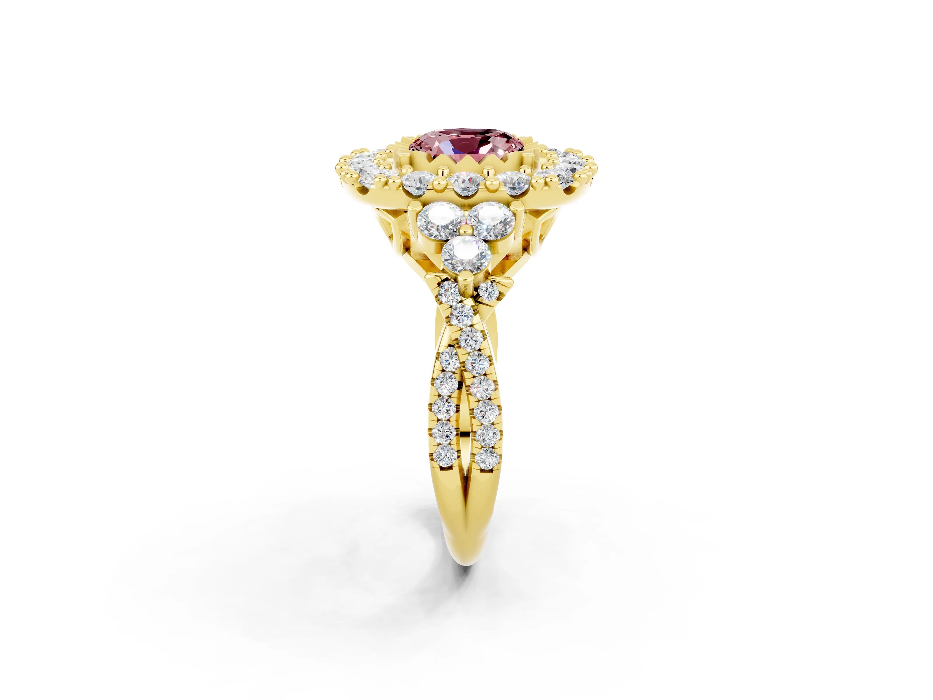 Yellow gold Cushion Cut Morganite Halo Ring with Pavé Band and Four-Prong Setting_14