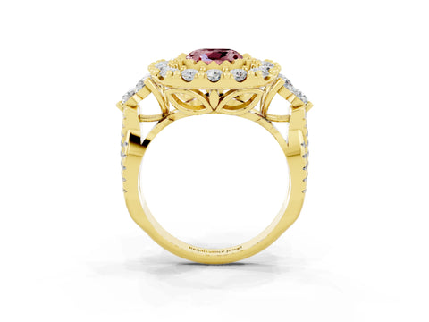 Yellow gold Cushion Cut Morganite Halo Ring with Pavé Band and Four-Prong Setting_15
