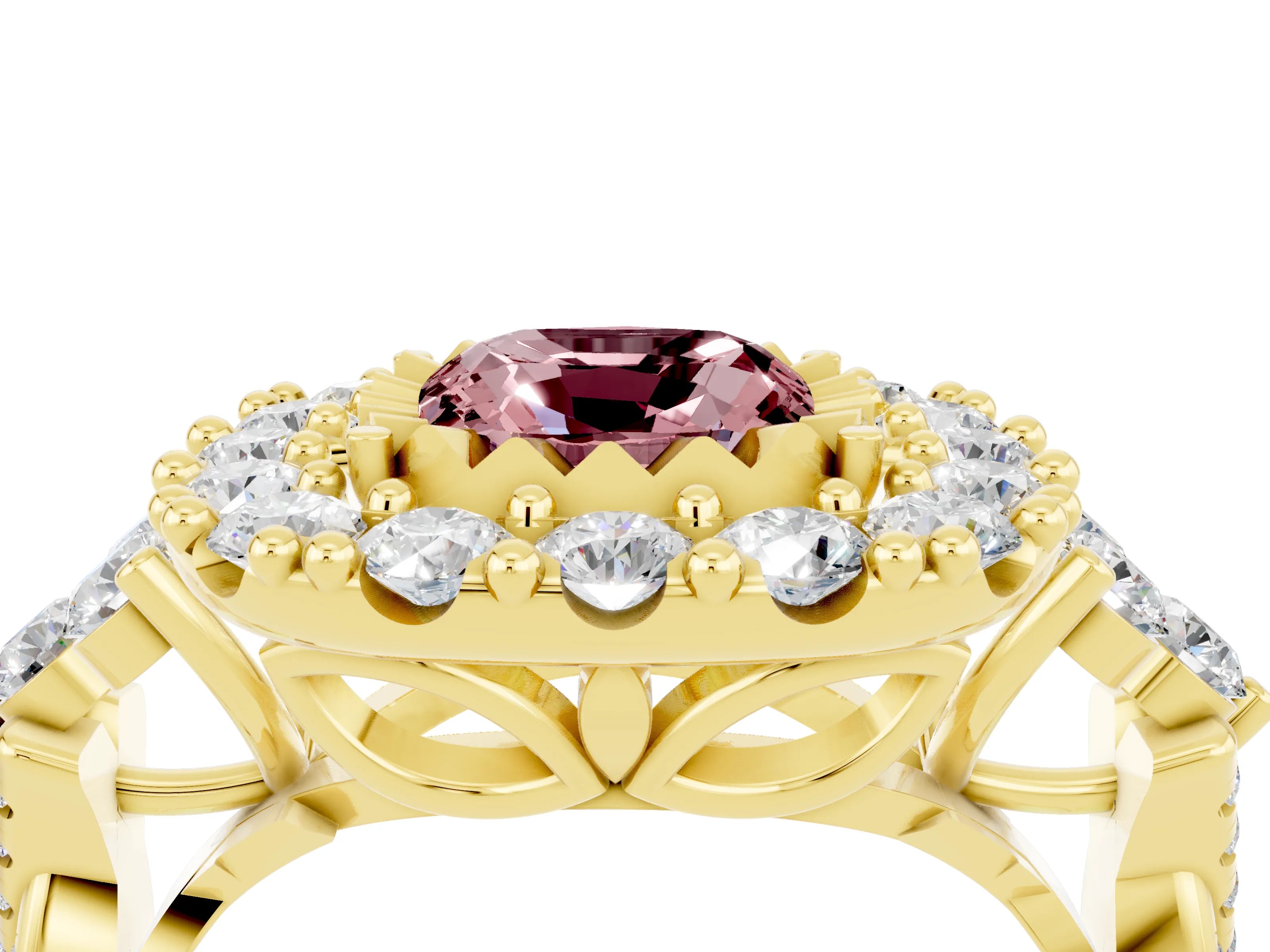 Yellow gold Cushion Cut Morganite Halo Ring with Pavé Band and Four-Prong Setting_16