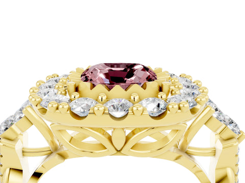 Yellow gold Cushion Cut Morganite Halo Ring with Pavé Band and Four-Prong Setting_16