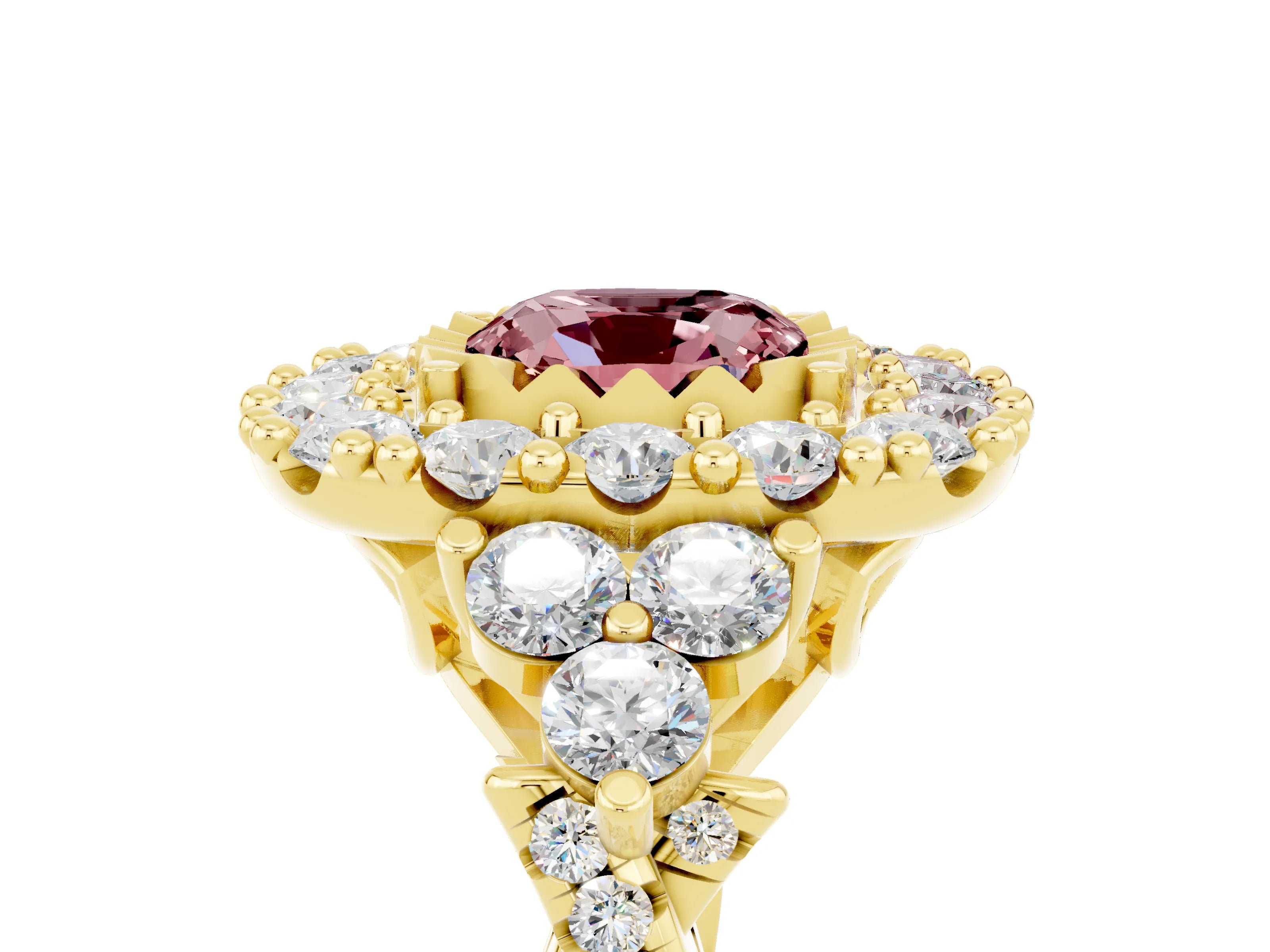 Yellow gold Cushion Cut Morganite Halo Ring with Pavé Band and Four-Prong Setting_17