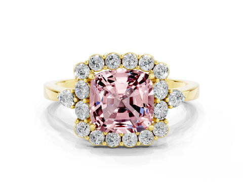Yellow gold Cushion Cut Morganite Halo Ring with Pear Side Stones and Prong Setting_12