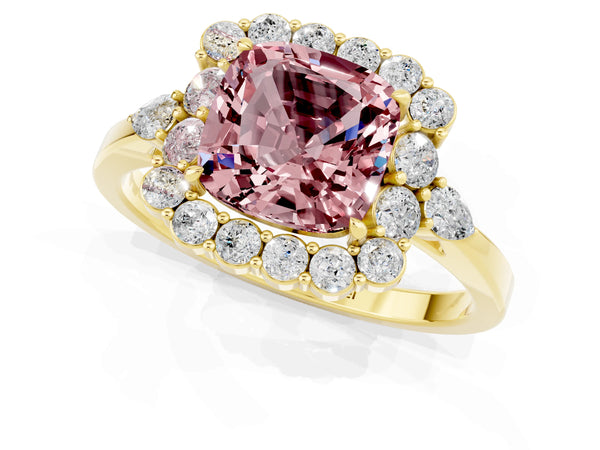 Yellow gold Cushion Cut Morganite Halo Ring with Pear Side Stones and Prong Setting