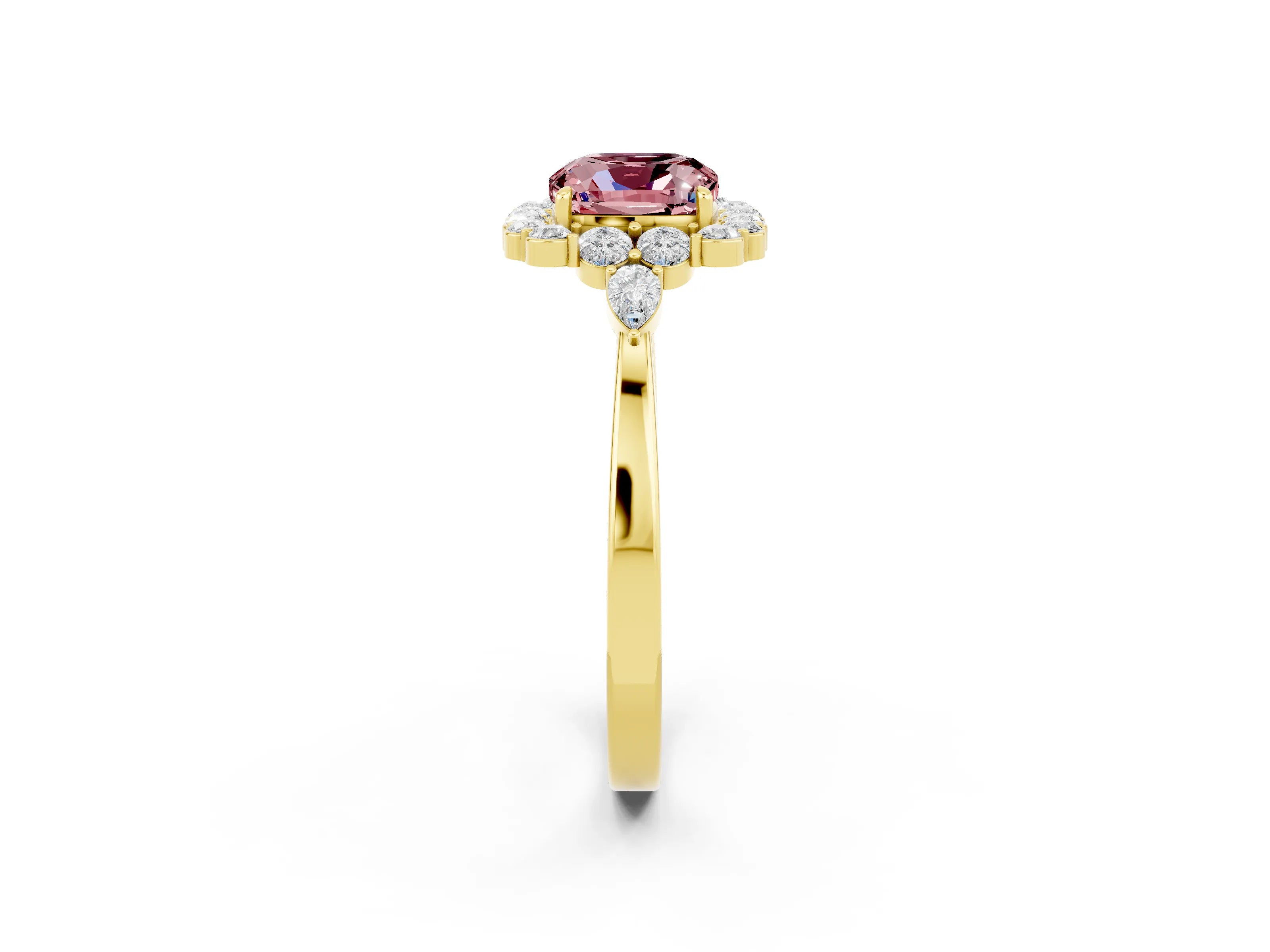 Yellow gold Cushion Cut Morganite Halo Ring with Pear Side Stones and Prong Setting_14