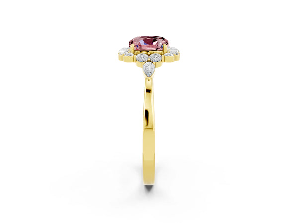 Yellow gold Cushion Cut Morganite Halo Ring with Pear Side Stones and Prong Setting