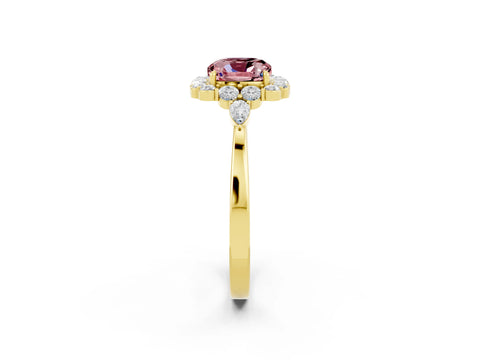 Yellow gold Cushion Cut Morganite Halo Ring with Pear Side Stones and Prong Setting_14