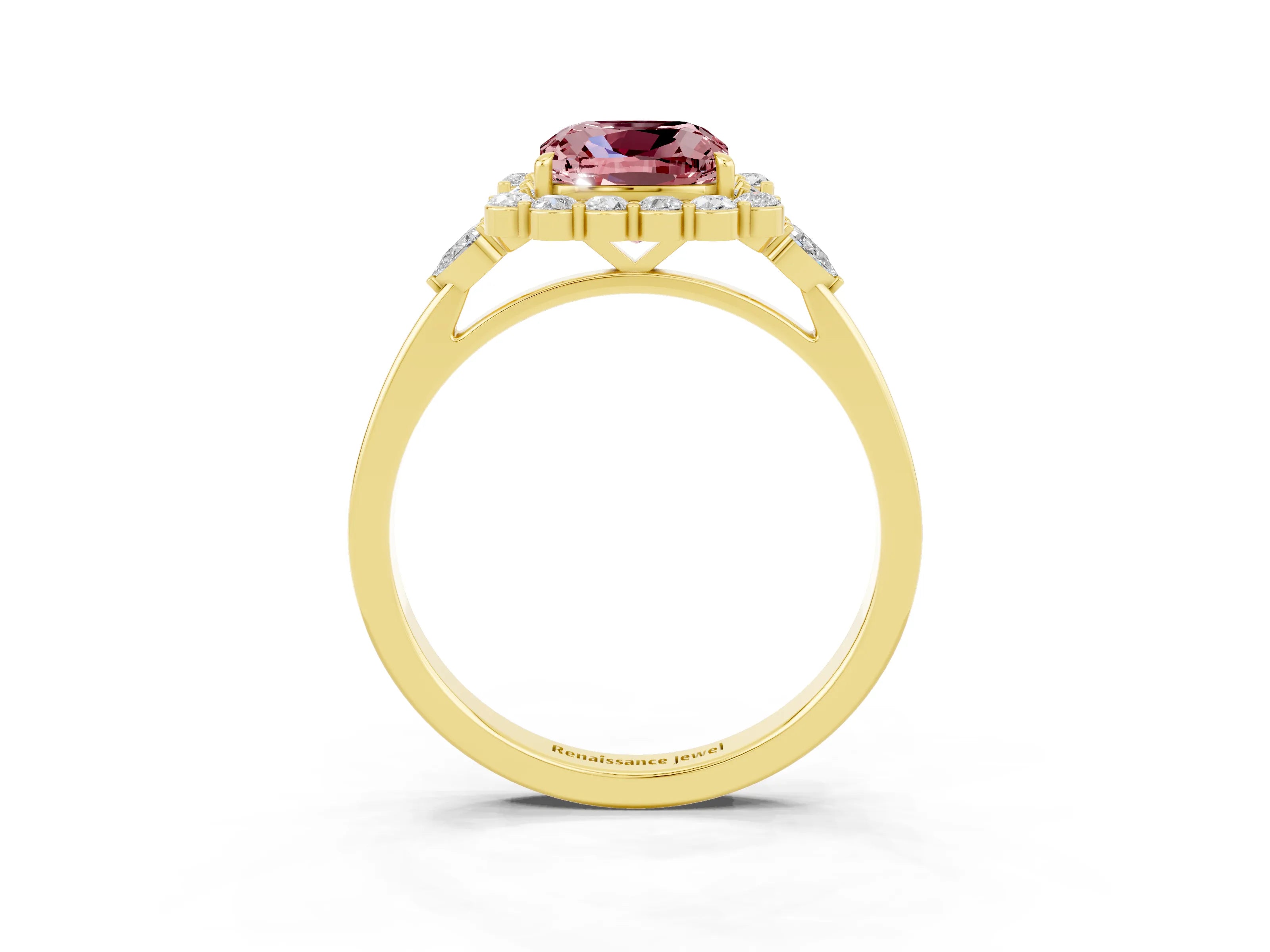 Yellow gold Cushion Cut Morganite Halo Ring with Pear Side Stones and Prong Setting_15