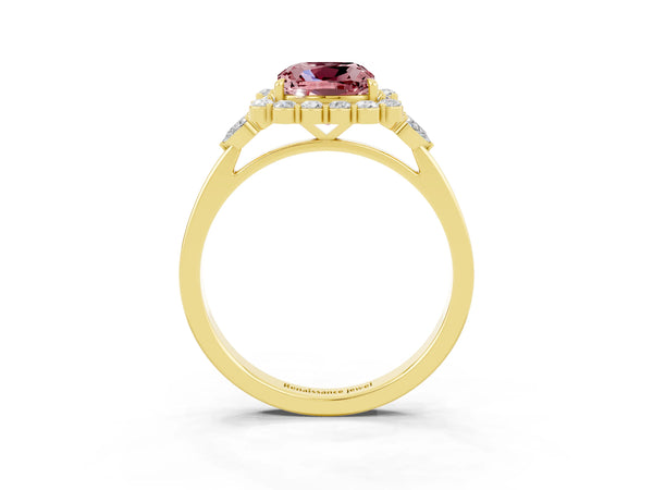 Yellow gold Cushion Cut Morganite Halo Ring with Pear Side Stones and Prong Setting