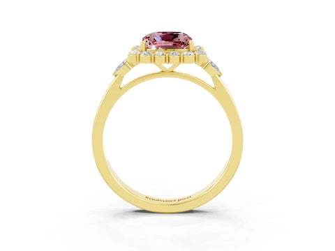 Yellow gold Cushion Cut Morganite Halo Ring with Pear Side Stones and Prong Setting_15